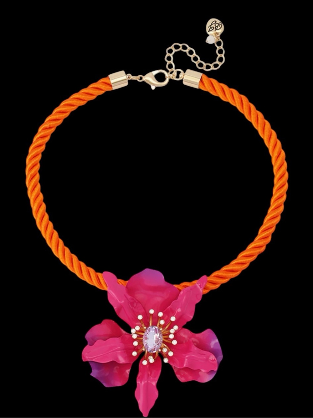 Betsey Johnson Orange Rope Necklace with Hot Pink Floral Pendant - Picture 16 of 16